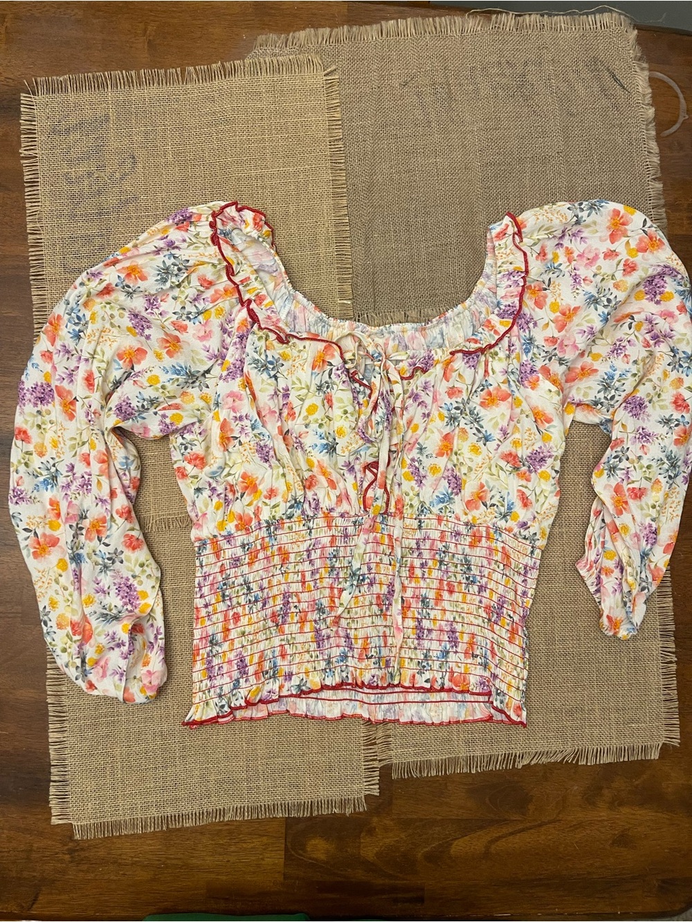 Floral Smocked Peasant Blouse - White Multicolor